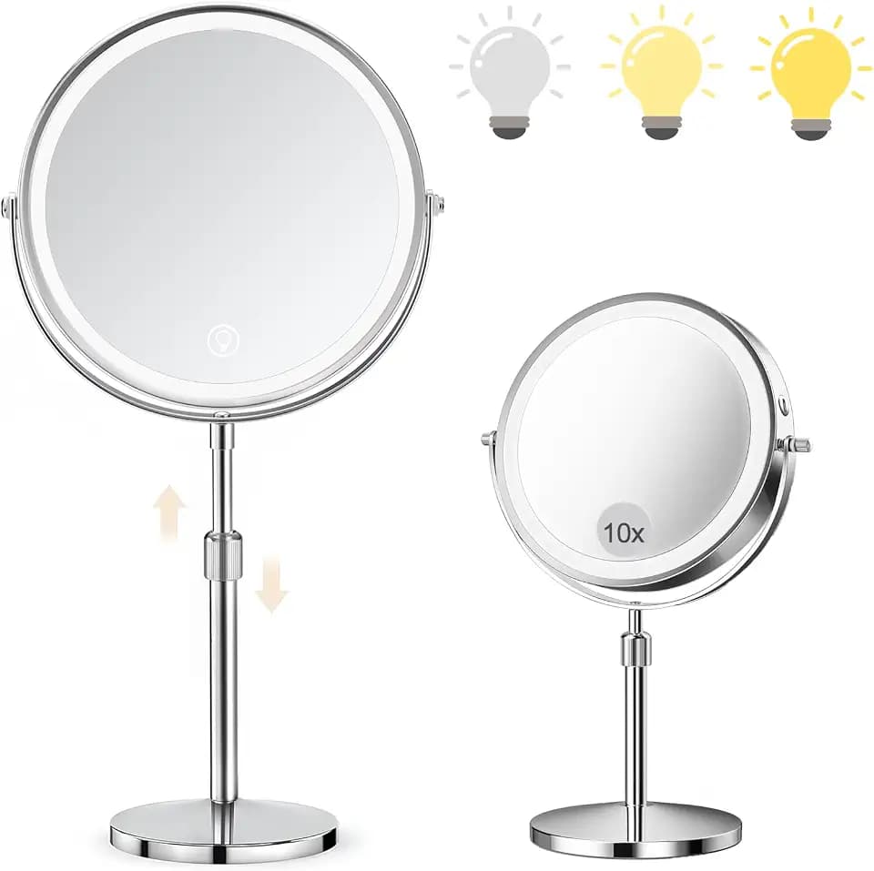 SURFOU 8-Zoll Kosmetikspiegel mit Beleuchtung, 10X/1X Vergrößerungsspiegel Doppelseitig - 360° Drehbarer & Abnehmbarer Tischspiegel für Makeup, Rasur, Badezimmer und Reise