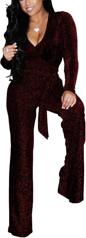 LightlyKiss Women Casual Sexy V Neck Sparkly Jumpsuits Long Sleeve Onesie Loose Pants Party Clubwear with Belt