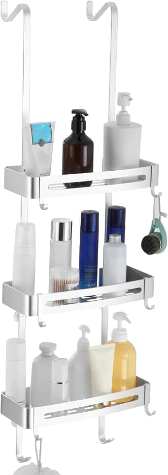 Duschregal zum hängen, Badezimmer-Duschablage, über der Tür hängende Duschablage, rostfreies Aluminium-Duschregal, Badezimmerregal mit Haken (drei Silber)