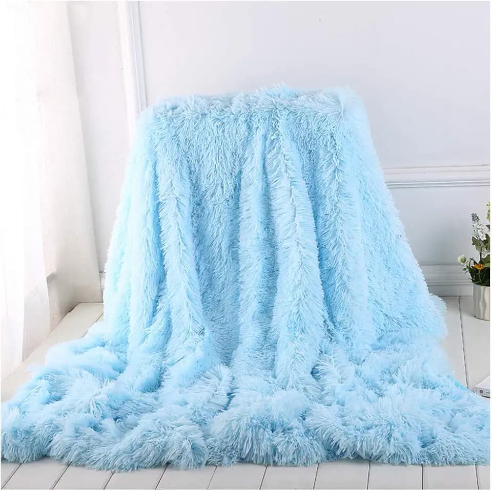Hggzeg Superweiche, lange, zottelige Überwurfdecke, elegantes, gemütliches Kunstfell, dekorative Überwurfdecke für Couch, Stuhl und Bett (Blau, 160 x 200 cm)