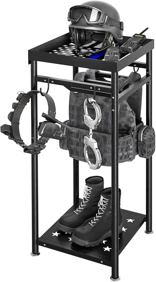 Police Gear Stand, Tactical Police Hanger with Hooks, Freestanding Police Gear Rack for Gun Storage, Body Armor Stand for Storing Uniform, Duty Belt and Vest Hanger, Police Gift, Black