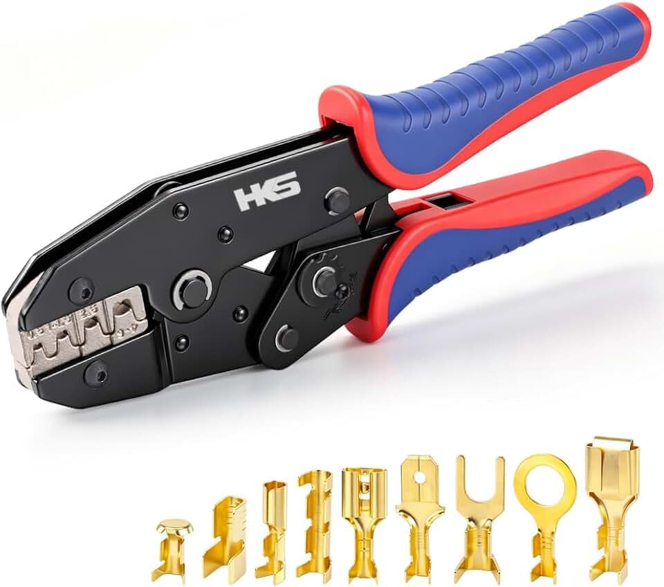 HKS Crimping Tool For Non-Insulated Open Barrel Terminals & Receptacles - Ratcheting Wire Crimpers - AWG 20-10 (0.5-6mm²) U-Shaped- Ratchet Terminal Crimper - Electrical Crimping Tool