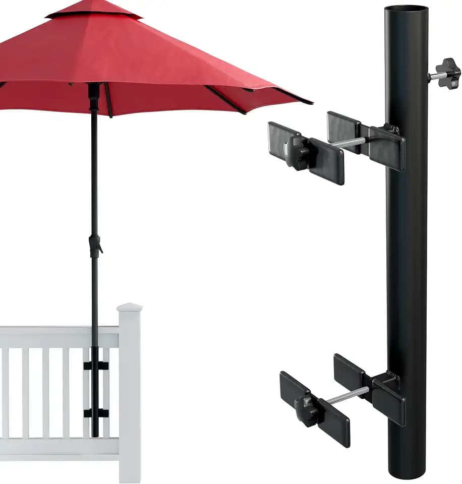 Patio Umbrella Holder – Easy Installation - Space Saving Umbrella Holder Design - Outdoor Umbrella Base and Mount - Attaches to Railing Maximizing Outdoor Patio Space and Shade, Black