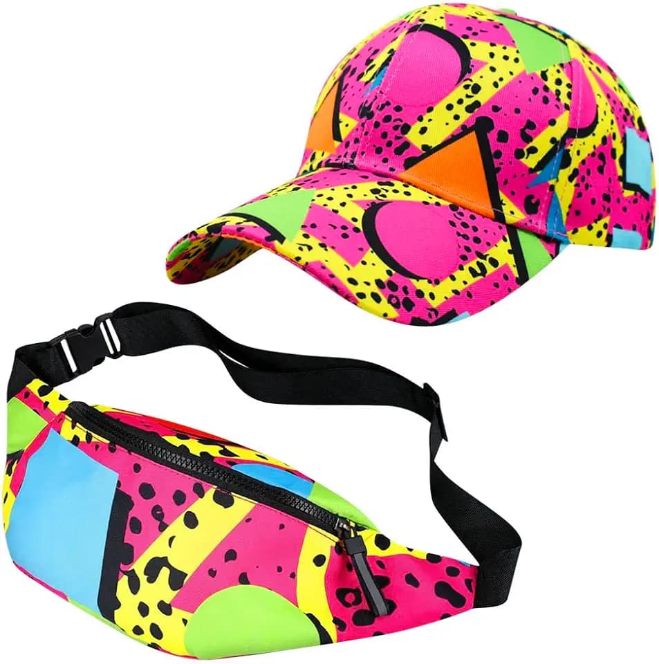2 Pcs 80s 90s Retro Cap for Women Men Fanny Pack Baseball Hat Neon Costumes Waist Bag Sun Hat for Rave Travel Themed Party (Pink)