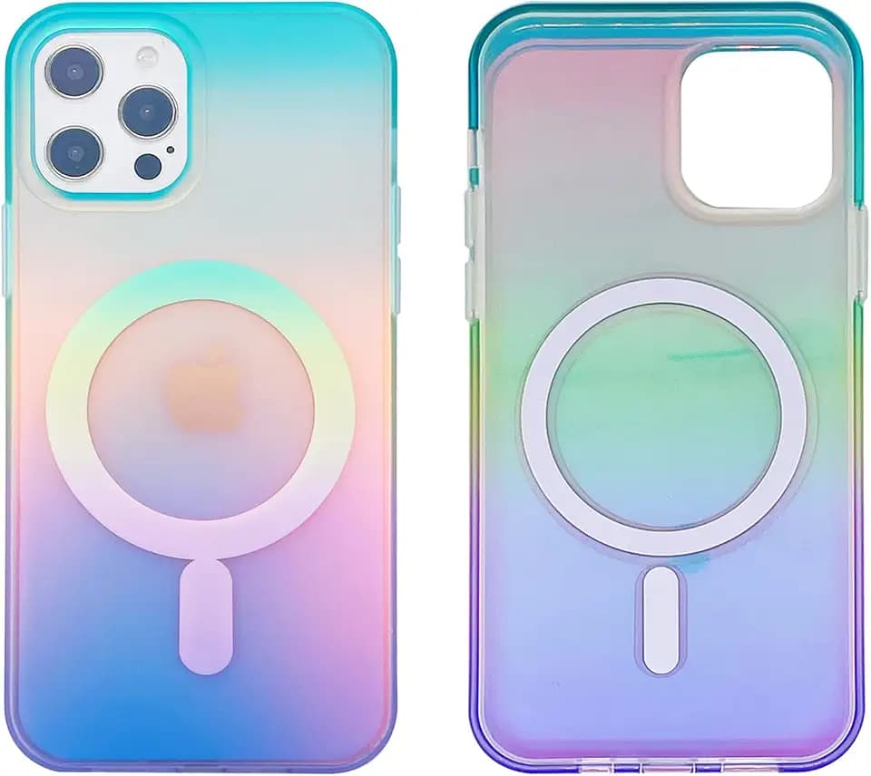 Magnetic Case for iPhone 12 Pro Max 6.7 inch Compatible with MagSafe Charging Soft TPU Bumper Slim Shockproof Protective Cover with Screen Protector(Holographic Green Yellow Violet Gradient)