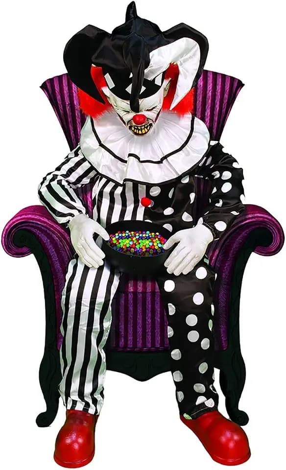 Haunted Hill Farm Hartley The Sitting Scare Clown by Tekky, Motion-Activated Talking Jump-Scare Halloween Animatronic for Halloween Party Prank Decoration, Plug-in or Battery Operated Halloween Props