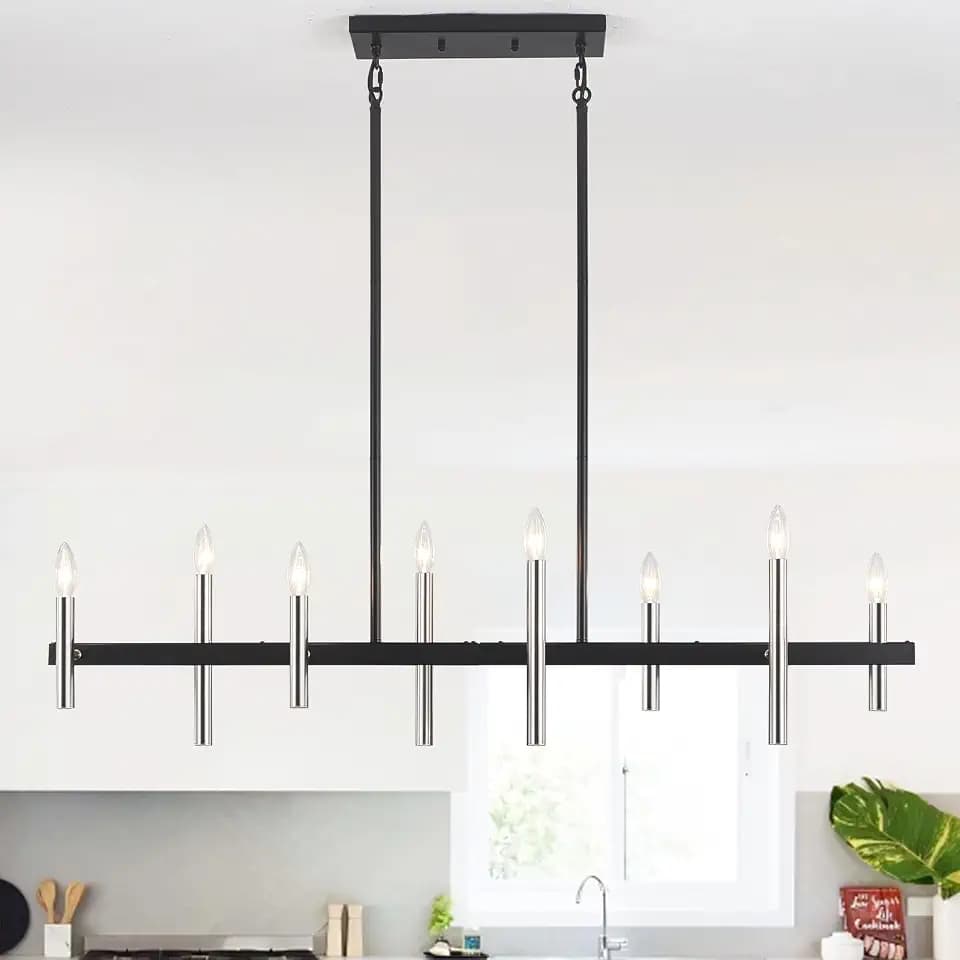 Modern Farmhouse Chandelier Rectanglar Chandeliers for Dining Room Light Fixture 8 Lights Kitchen Chandelier Over Table Black and Brushed Nickel Island Pendant Lighting for Kitchen Island Dining Table
