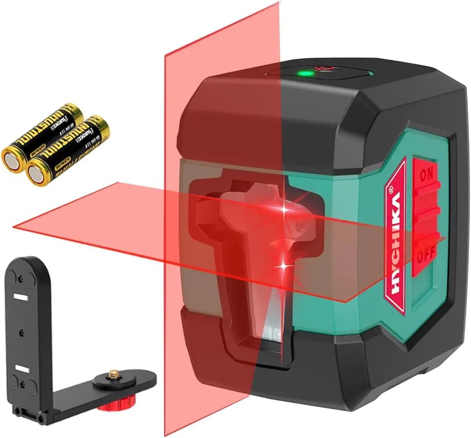 HYCHIKA Kreuzlinienlaser, Linienlaser Selbstnivellierend 15M mit Dualem Lasermodul 360°Umschaltbar Horizontal/Vertikal mit Halterung, 2 x AA Batterie IP54 Schutzlevel