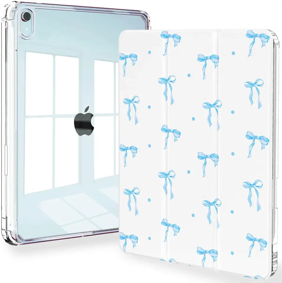Feams Case for iPad mini 7 A17 Pro 2024/iPad Mini 6 2021, Slim Lightweight Trifold iPad mini 7 A17 Pro Case 8.3 Inch 2024 Clear Back Cover with Pencil Holder & Auto Sleep, Blue Bow