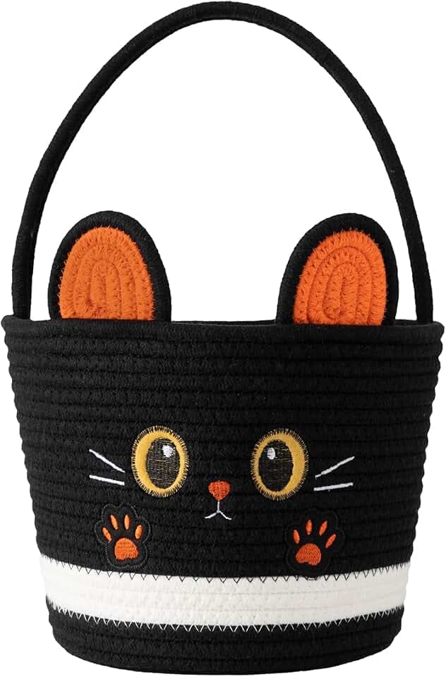 Halloween Basket Trick or Treat Bucket, Cotton Woven Halloween Candy Bucket with Handle, Black Cat Design Basket for Halloween Gifts Party Favors (Black)