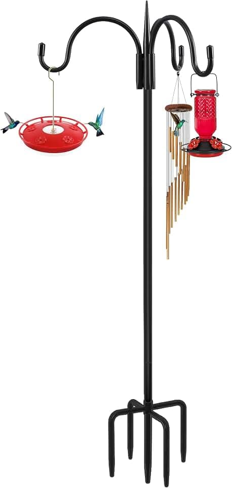FEED GARDEN Heavy Duty Shepherds Hook 76" Triple Hooks - Metal 5-Prong Base, Adjustable (44/60/76") - 17lb Capacity Bird Feeder Pole for Hanging Plants, Solar Lanterns, Wind Chimes, 1 Pack