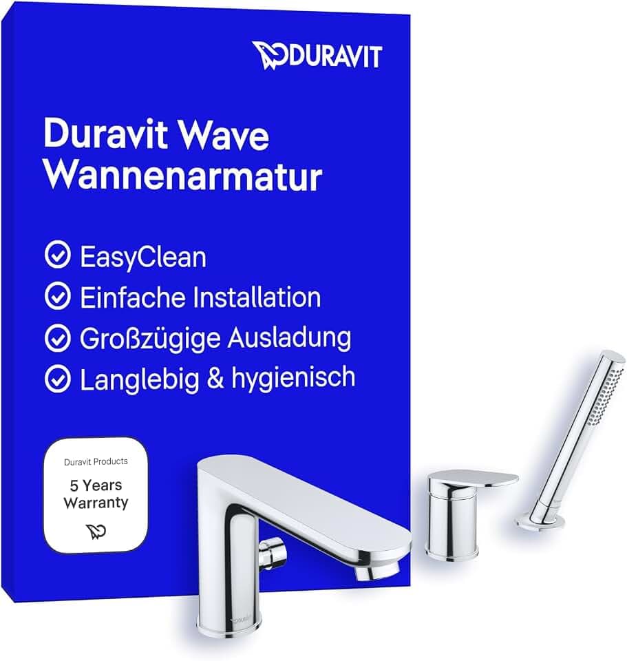 Duravit Wave 3-Loch Wannenarmatur, Einhebel-Wannenmischer mit Keramikmischsystem, Badewannenarmatur, Chrom