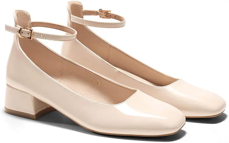 Coutgo Womens Chunky Low Heels Closed Square Toe Ankle Strap Pumps Wedding Prom Dress Shoes