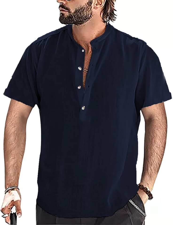 YAOBAOLE Leinenhemd für Herren, kurzärmelig, Sommer, Mao, lässig, Henley, Shirts, für den Strand, klassisch