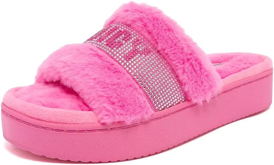 Juicy Couture Women’s Platform Slipper with Rhinestone Logo Strap, Plush Fuzzy Slide House Shoe with Soft Cushion Footbed