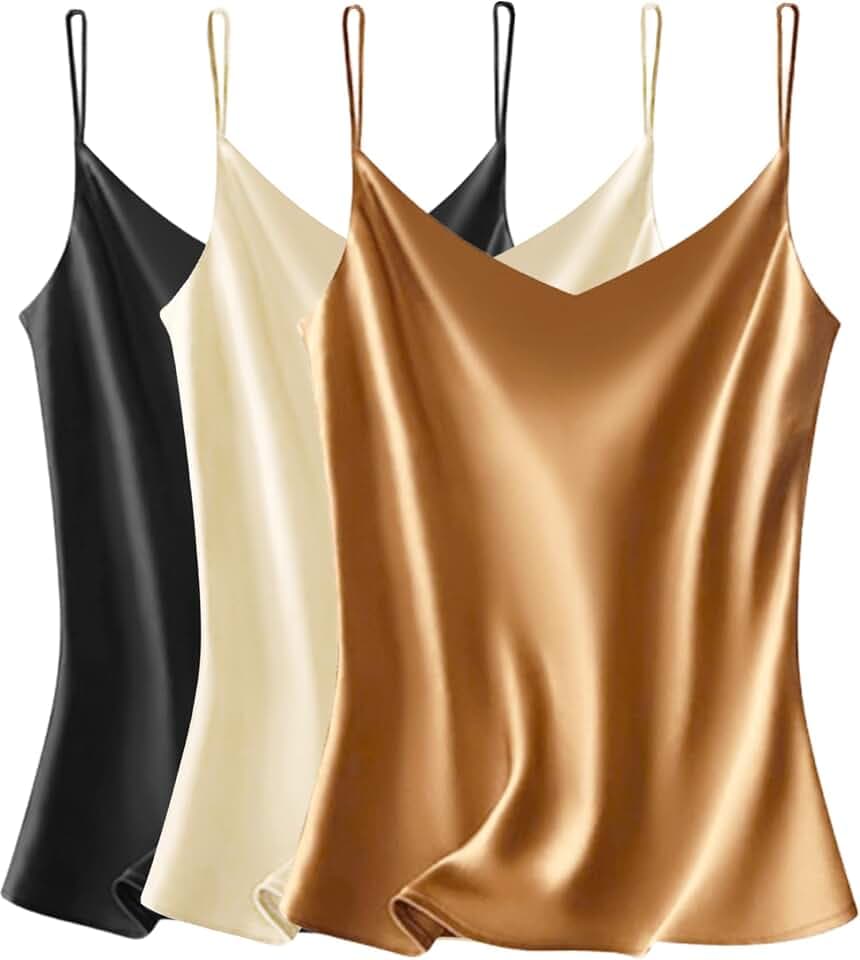 VIDUSSA Damen Satin Cami Tank Top Basic Shirt V-Ausschnitt Ämellose Blusen Seidentop Oberteile Pack