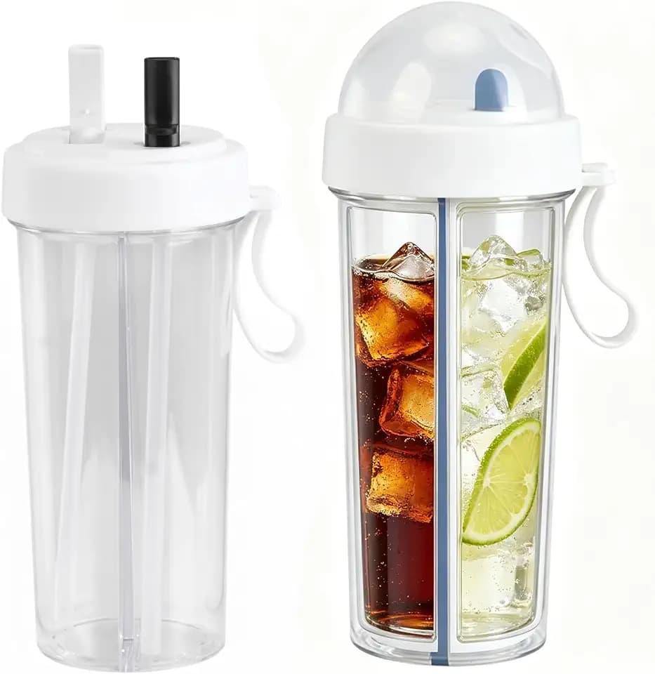Dual Chamber Water Bottle Water Cup– 2-in-1 Dual Use with 2 Straws, 600ml Double Sided Leak-Proof Sports Cup 2 Flavor Water Bottle for Gym Camping Office Outdoor Travel