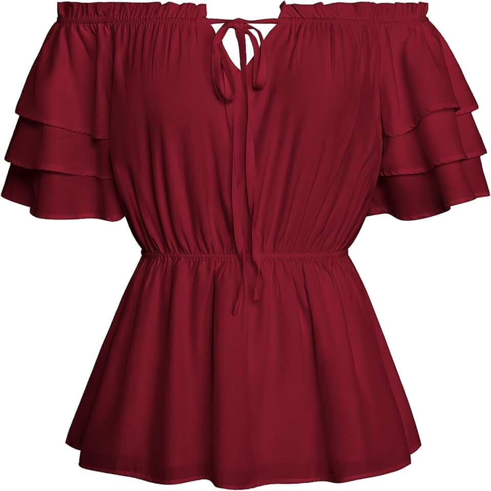 SCARLET DARKNESS Damen Renaissance Trachtenbluse Mittelalter Schulterfrei Rüschenbluse