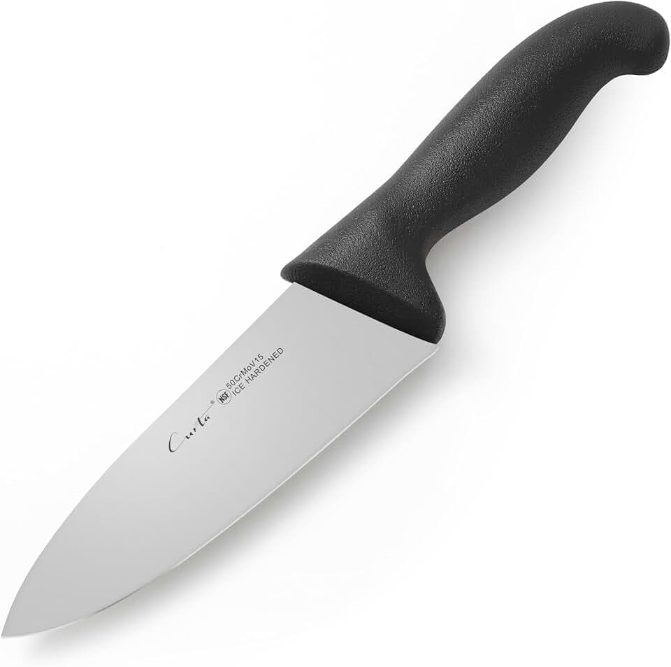 CURTA 6-inch Commercial-Grade Chef's Knife, NSF Listed, Ergonomic, Non-slip Black Handle, High Carbon 420 Stainless Steel Forged Blade Straight Edge, Dishwasher Safe, Rust Proof