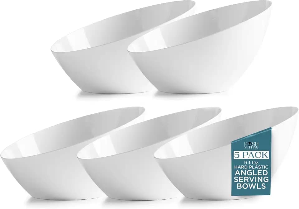5 Pack White Angled Plastic Serving Bowl Disposable for Party Table 54oz