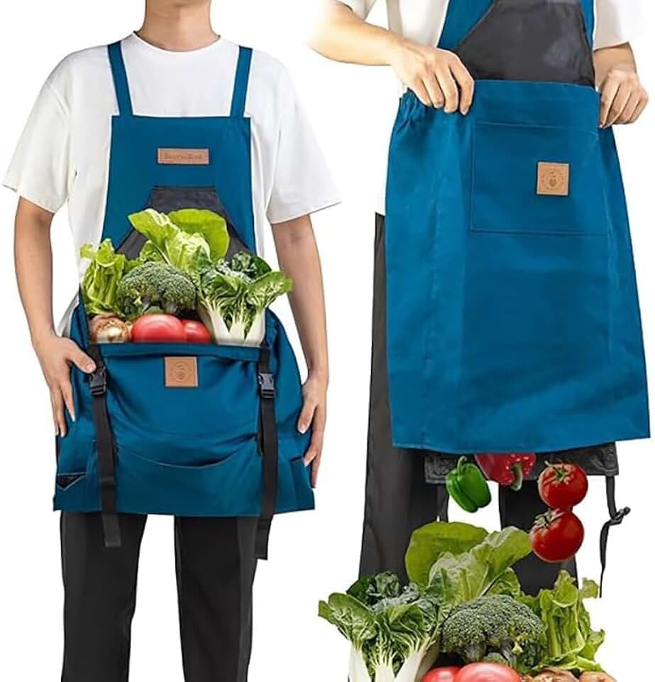 Garden Apron with Harvest Pocket, Waterproof Gardening Apron with Pockets, Adjustable & Reinforced