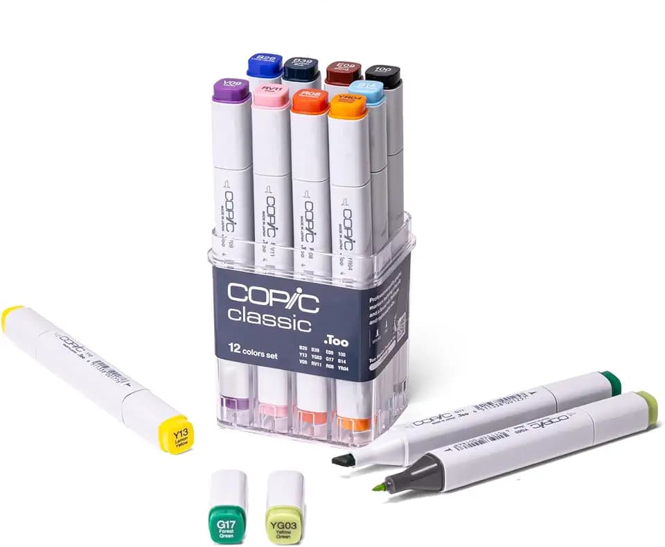 COPIC Classic Set "12 Colors", 12er Set im Acryl-Display, Twin Marker mit einer mittelbreiten und einer feinen Spitze