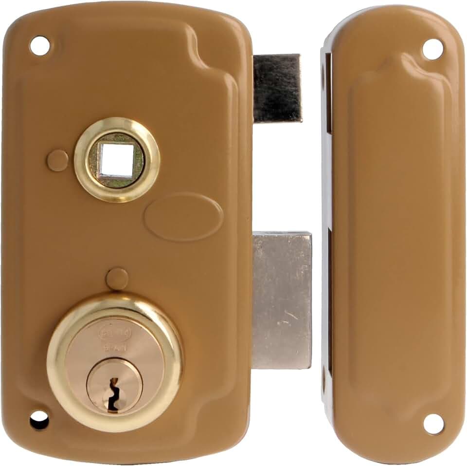 Amig - Aufschraubschloss DIN rechts mit Schließhebel, Falle und Ziehgriff für Holztüren Mod. 75UN - 66 x 120 mm - runder Sicherheitszylinder - Stahl goldfarben