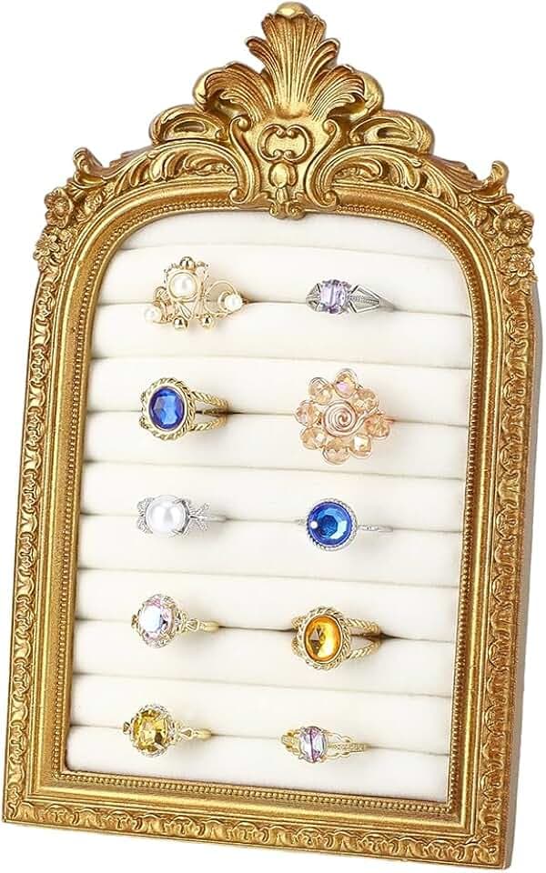 FINGERINSPIRE Vintage Ring Halter 199x123x19mm 10 Fächer Gold Resin Rahmen Schmuck Organizer mit Weißem Samt Futter für Hochzeit Verlobung Bogen Form Ringe Präsentation Aufbewahrung Organisation