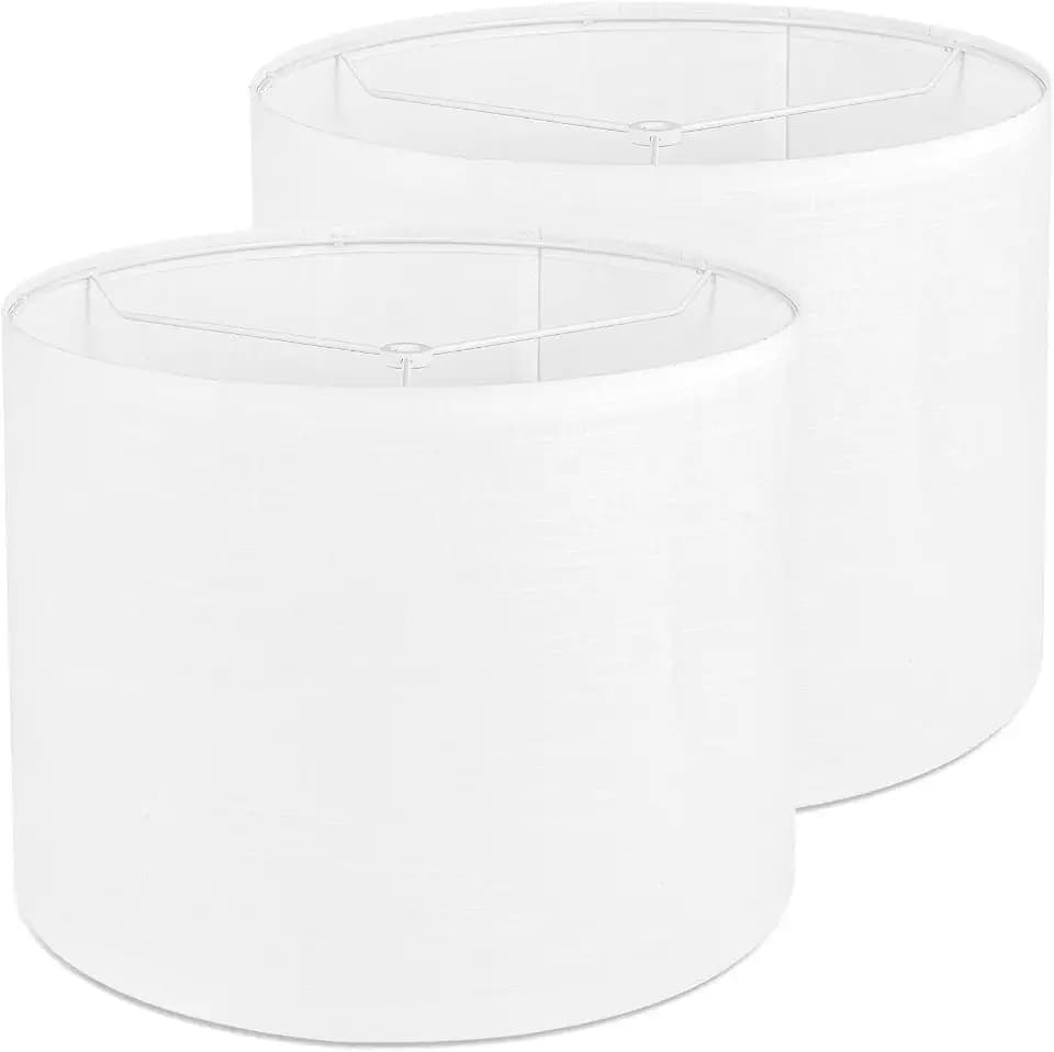 White Lamp Shades Set of 2 for Table Lamps, Large Drum Lampshades, 13 Inch Top, 13 Inch Bottom, 10 Inch High, Linen Textured Fabric Replacement Shades with Spider Fitter, Easy Assembly