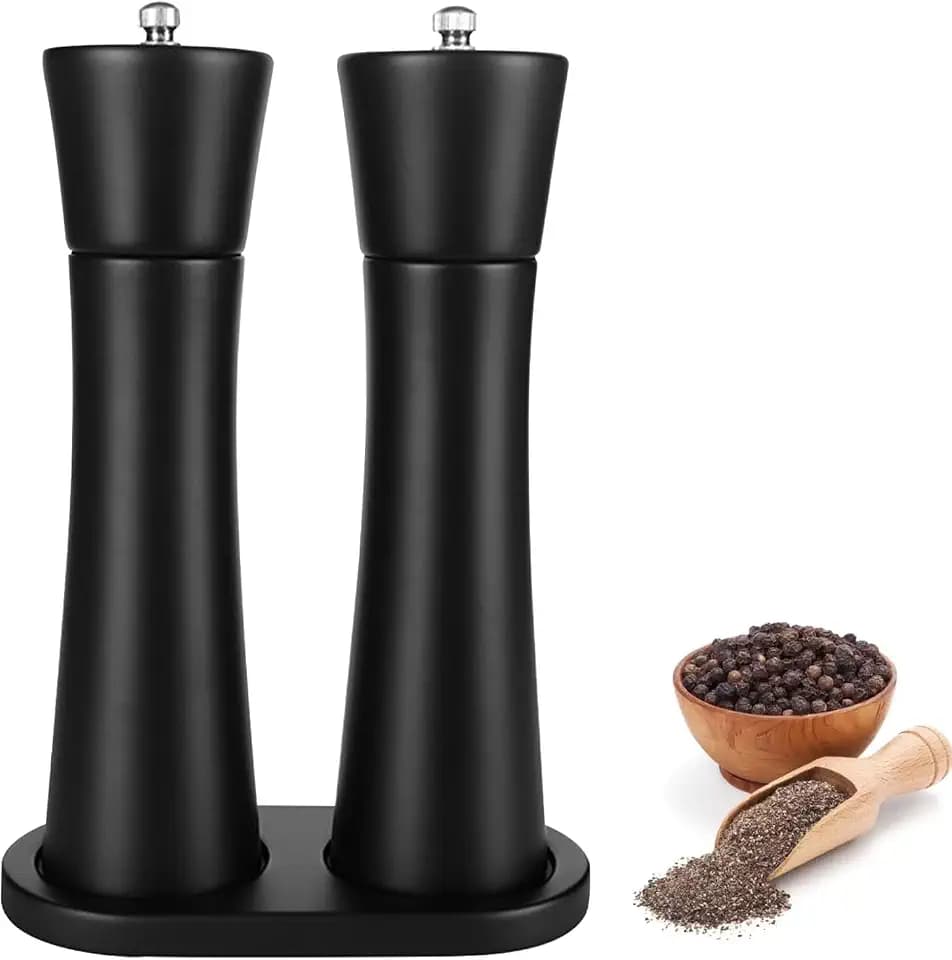 Salz und Pfeffermühle Set mit Untersetzer Gewürzmühle Manuell Pfeffermühle Holz Salzmühle Verstellbarem Keramikmahlwerk, Keramikmahlwerk Salzmühle für Pfefferkorn, Salz oder Gewürzmühlen