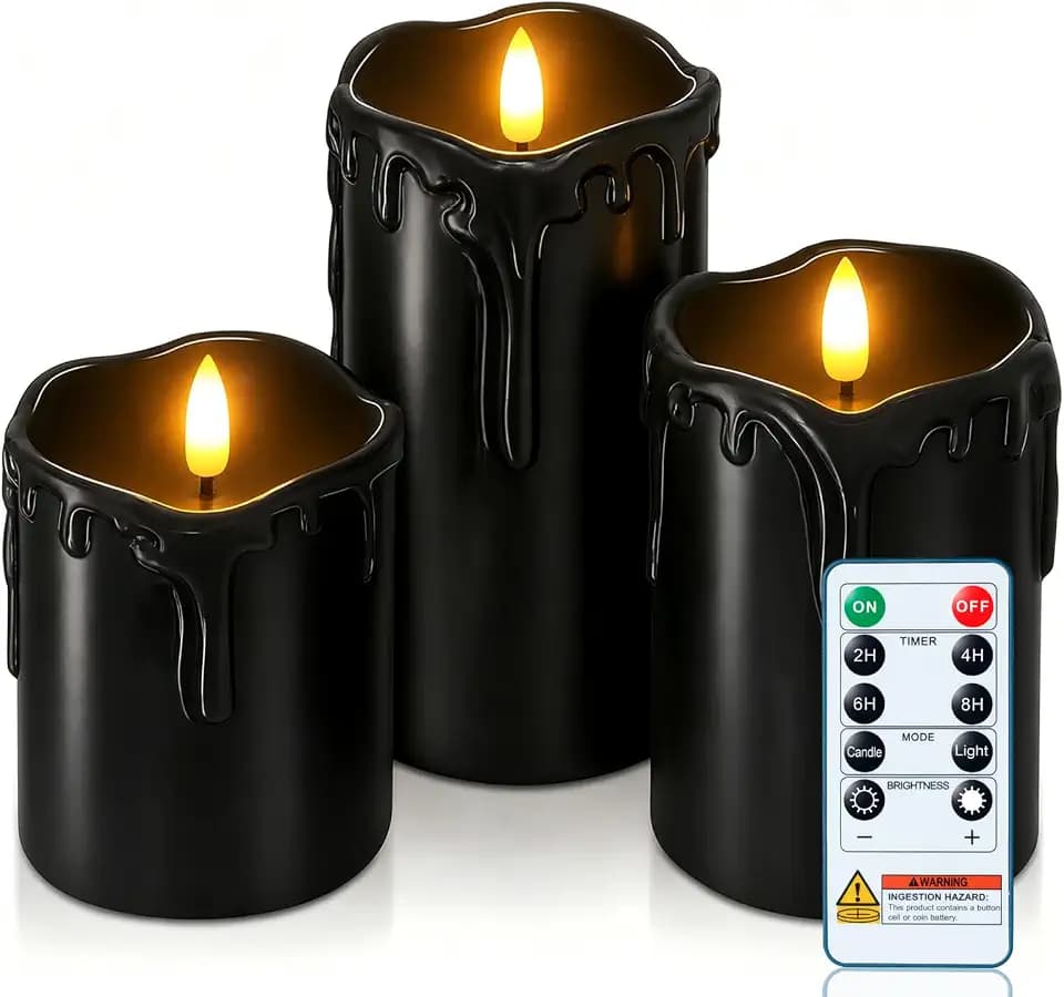 Homemory Black Drip Real Wax Flameless Candles with Remote Timer, Set of 3