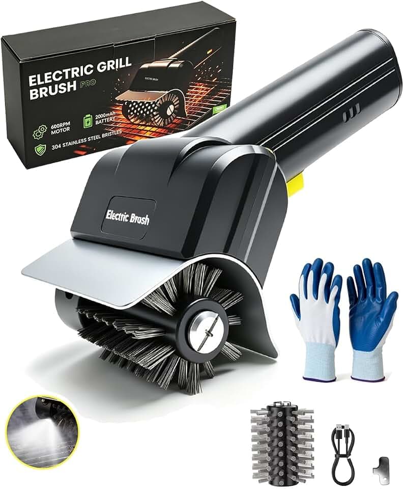 Electric Grill Brush, 600RPM Cordless BBQ Cleaner, 2000mAh Type-C Fast Charge, Detachable 304 Stainless Steel Head, LED Night Cleaning Light, for Backyard Camping Grill Lovers