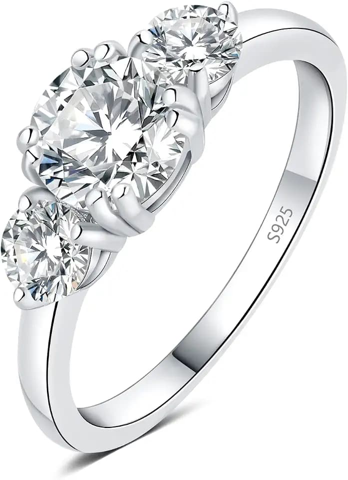 JewelryPalace Classic 1ct 3 Stone Moissanite Solitaire Engagement Rings for Women, 925 Sterling Silver 14K Gold Promise Ring for Her, Round Cut Simulated Diamond Wedding Rings H-J Size 5-10