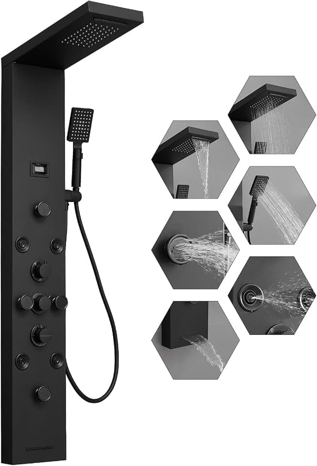 Shower Panel, Rainfall Handheld & 5 Body Jets, Black