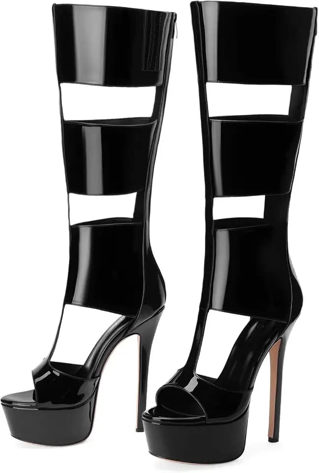 FancyQueen Platform Knee High Heels for Women, Gladiator Open Toe Summer Boots Black Heels Sandal, Sexy Style Casual for Party
