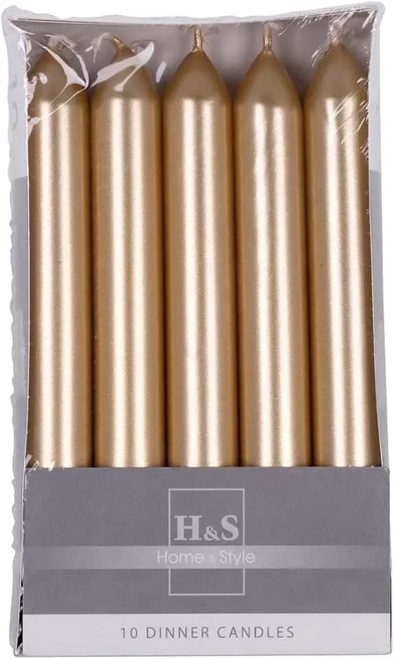 Set Glatte Lackiert Stabkerzen/Golden / 10 Stück im Karton / 17 x Ø 2 cm Unparfümiert/Zylindrische/Tafelkerzen zur Dekoration im Wohnzimmer, Bad / 6 Stunden Brenndauer