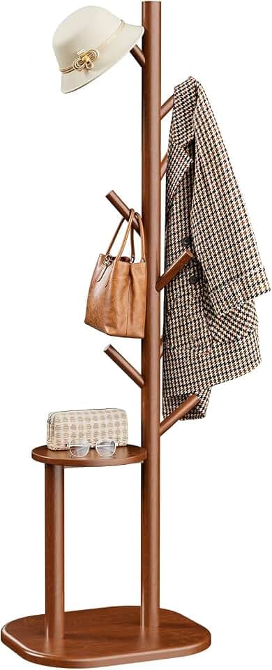 Pipishell Solid Wood Freestanding Coat Rack with 8 Hooks & Shelves, Brown