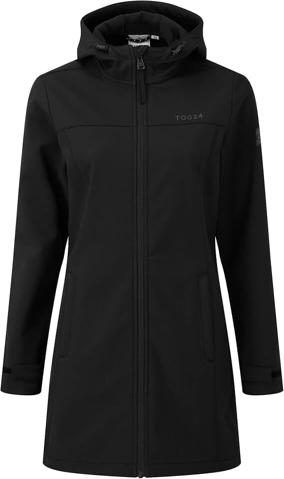 TOG24 Keld Damen Softshelljacke mit Kapuze Wasserabweisend Outdoor Lang Übergangsjacke Fleece Gefütterte Wanderjacke Atmungsaktiv Winterjacke Outdoorjacke