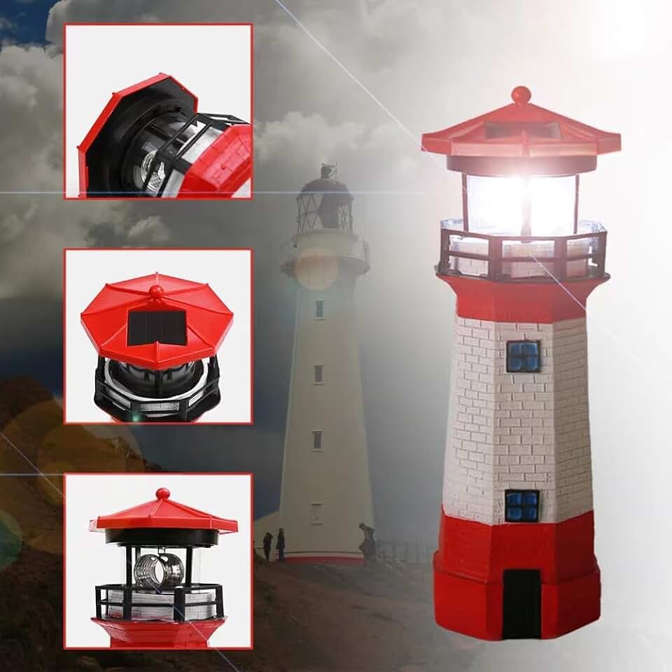 Roter Solar Leuchtturm, rotierende LED Leuchtturm dekorative Lichter, Hof wasserdichte Landschaftslichter, Solar Lights Harz Kunsthandwerk im Freien als Geschenke für Freunde.