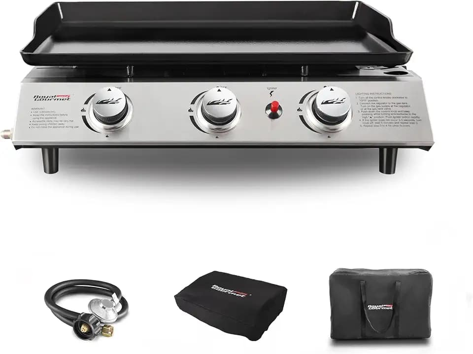 Royal Gourmet PD1300C 3-Burner Tabletop Propane Gas Griddle with Carry Bag, Outdoor Camping Griddle for Grilling On-the-Go and Outdoor Adventures, Silver & Black