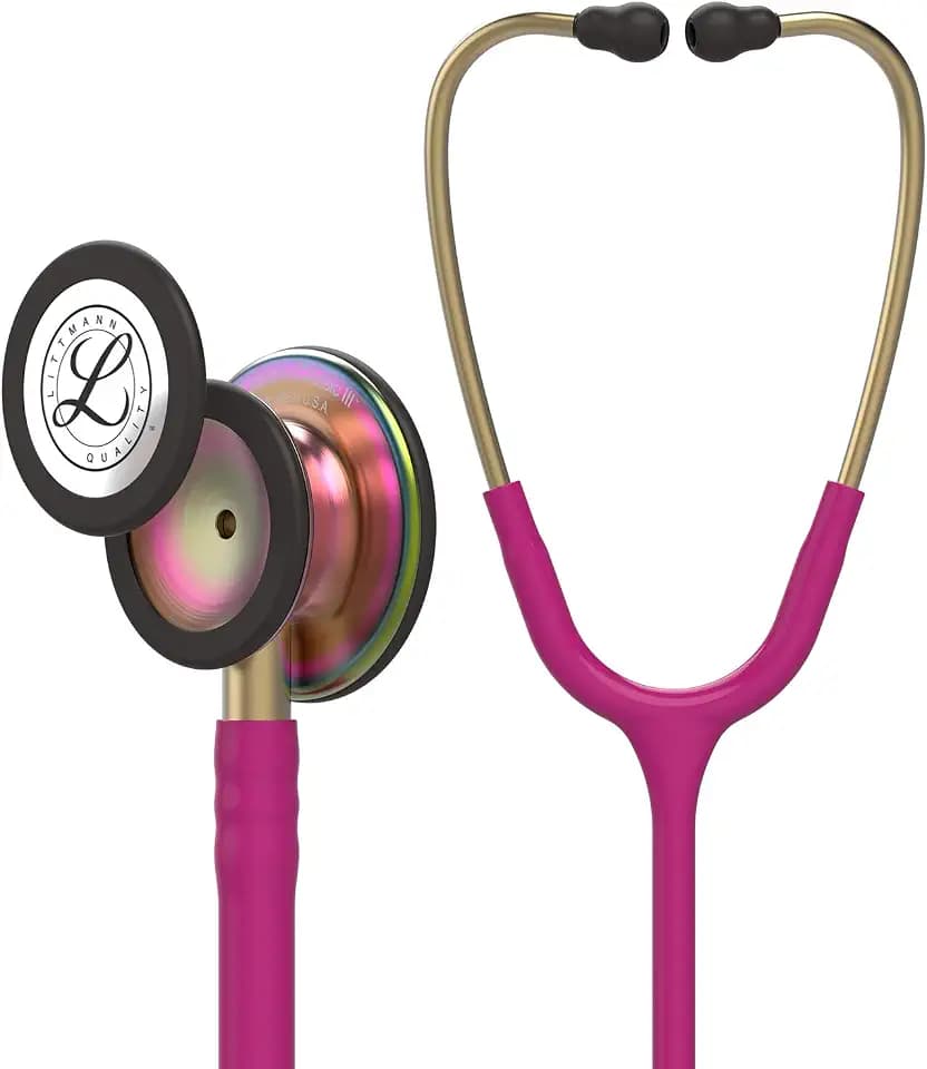 3M Littmann Classic III Monitoring Stethoscope, 5806, More Than 2X as Loud, Weighs Less, Stainless Steel Rainbow-Finish Chestpiece, 27" Raspberry Tube, Brass Stem and Headset
