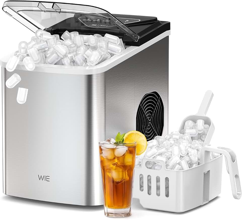 WIE Eiswürfelmaschine, 15KG Eiswürfelbereiter Ice Maker, 9 Würfel in 6 Min, Eiswürfelmaschinen mit Tragbarem Griff, Silber, Eiswürfelbereiter für Zuhause/Küche/Büro/Wohnmobil
