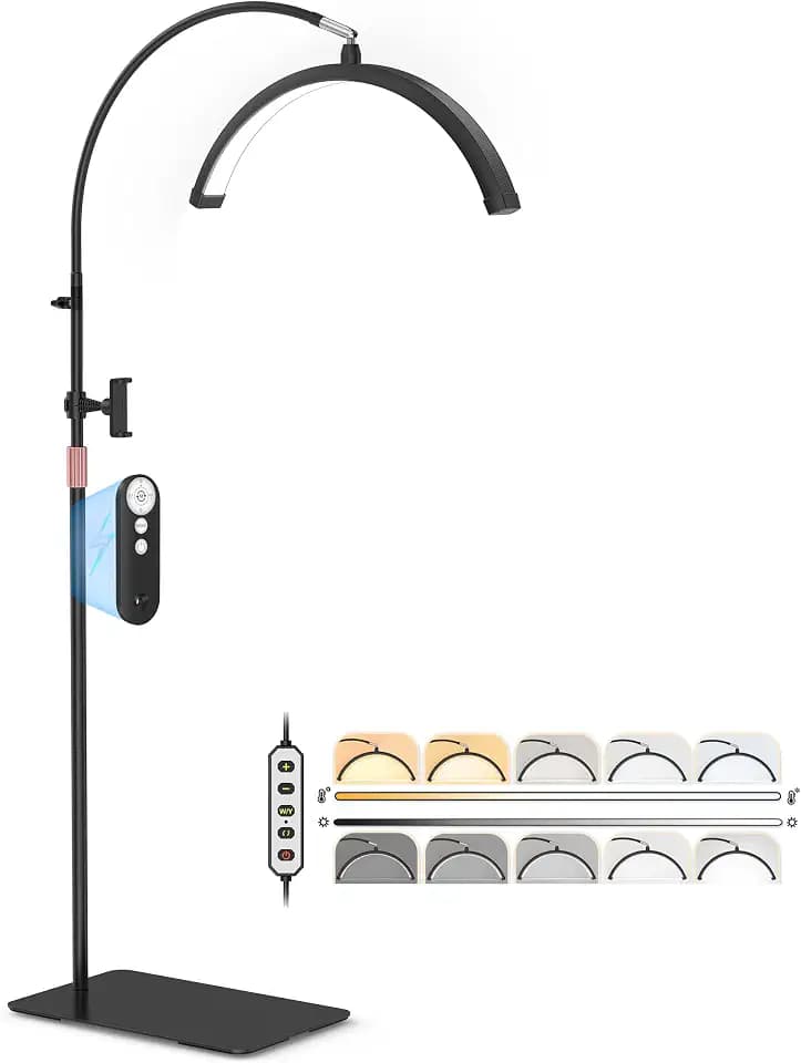 Half Moon Light for Lash Tech, Flexible Lash Lamp with Phone Holder for Eyelash Nail Art Tattoos Skincare, LED Floor Lamp Esthetician Light with 5 Color Temperatures & Brightness Setting