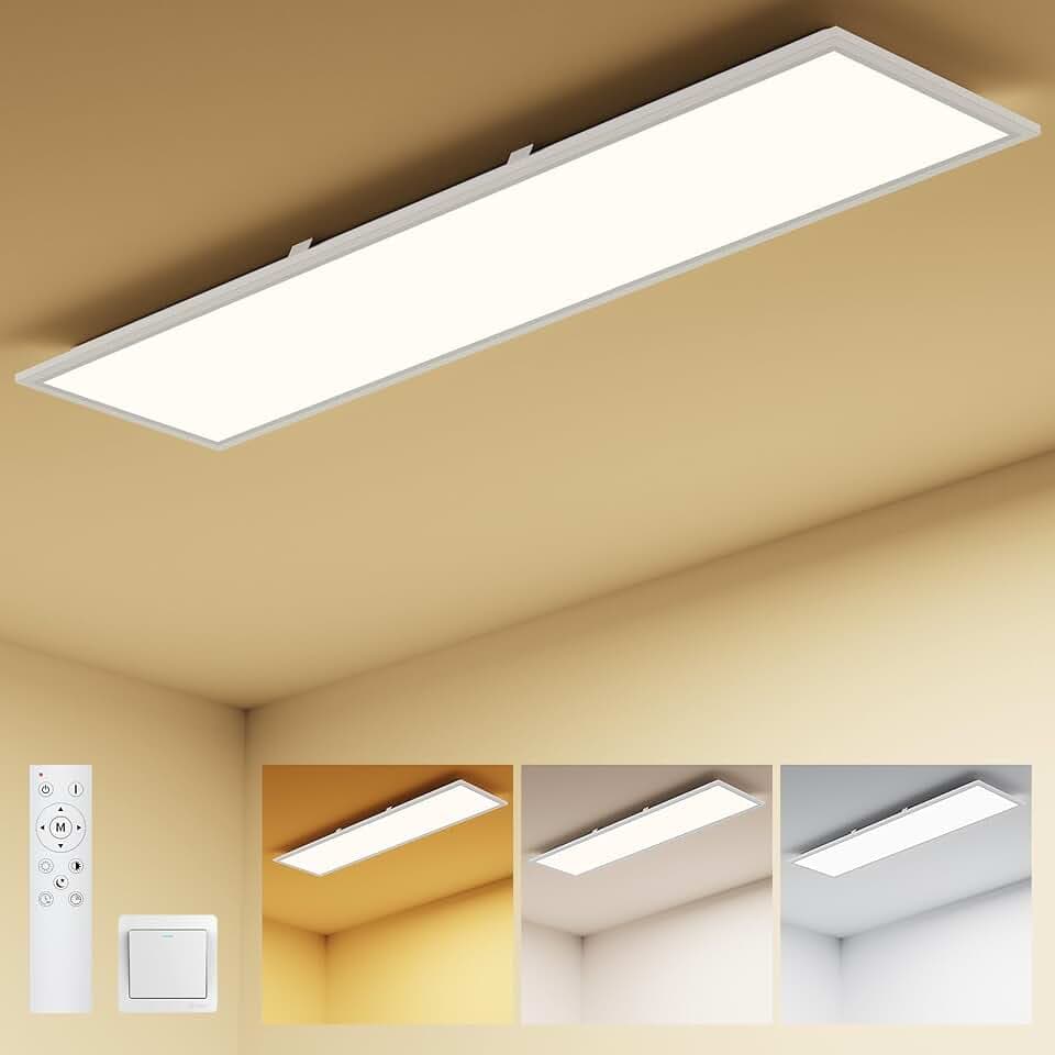 LED Panel Deckenleuchte 100x25cm, 3000-6500K Deckenleuchte Dimmbar, 30W Deckenlampe Lang Flach mit Fernbedienung Nachtlicht Memory-Funktion für Wohnzimmer Schlafzimmer Badezimmer Büro küche