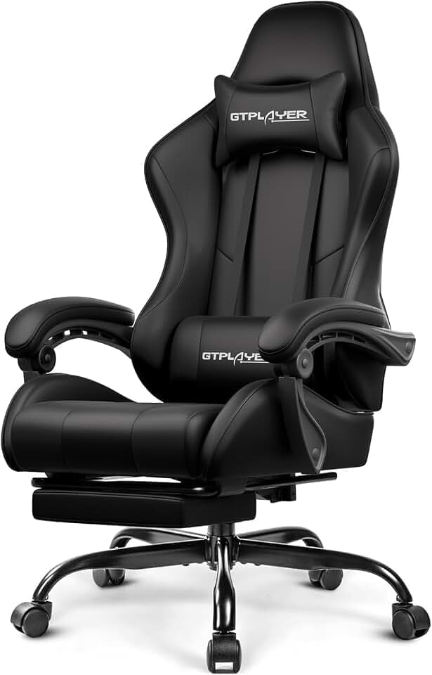 GTPLAYER Gaming Chair, Computer Chair with Footrest and Lumbar Support, Height Adjustable Game Chair with 360°-Swivel Seat and Headrest and for Office or Gaming (Faux Leather, Black)