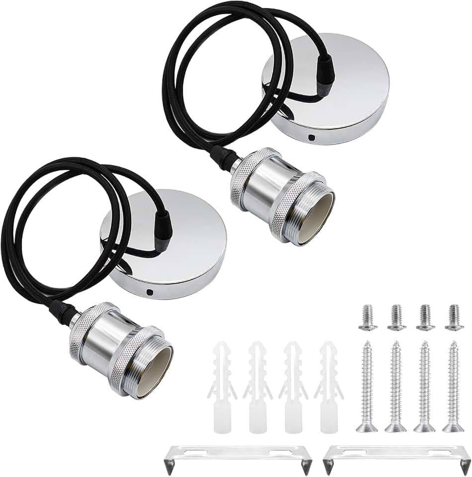 2 Stücke E27 Lampenaufhängung Metall Vintage Lampenfassung Retro Hängeleuchte Pendelleuchte mit Kabel Höhenverstellbar 100cm Textilkabel für Deckenbeleuchtung DIY Wand Deckenleuchte (Silber)
