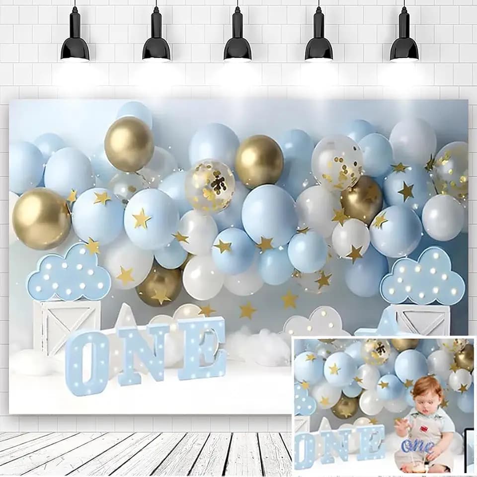 7x5ft First Birthday Backdrop for Boy - Blue Gold White Balloon 1st Birthday Photography Background for Baby Shower Cake Smash Banner Photo Studio Props