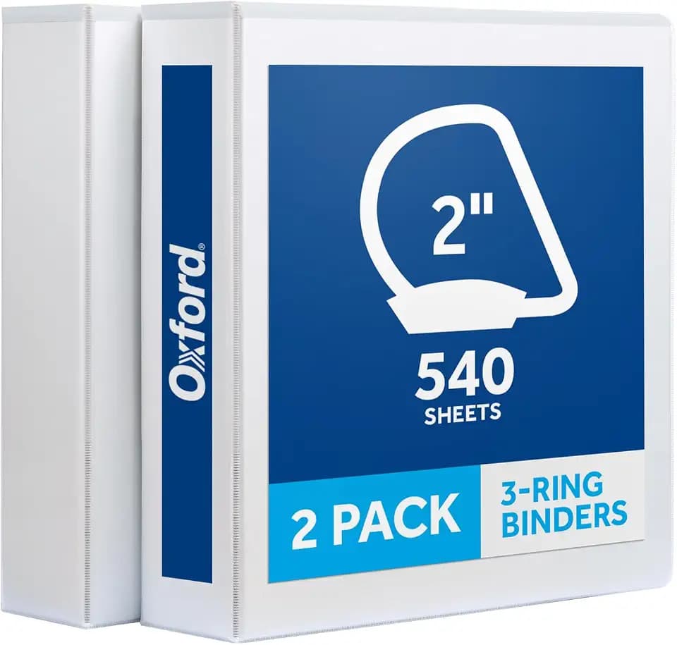 Oxford 2 Inch 3 Ring Binders, 2 Pack, White, Holds 540 Sheets