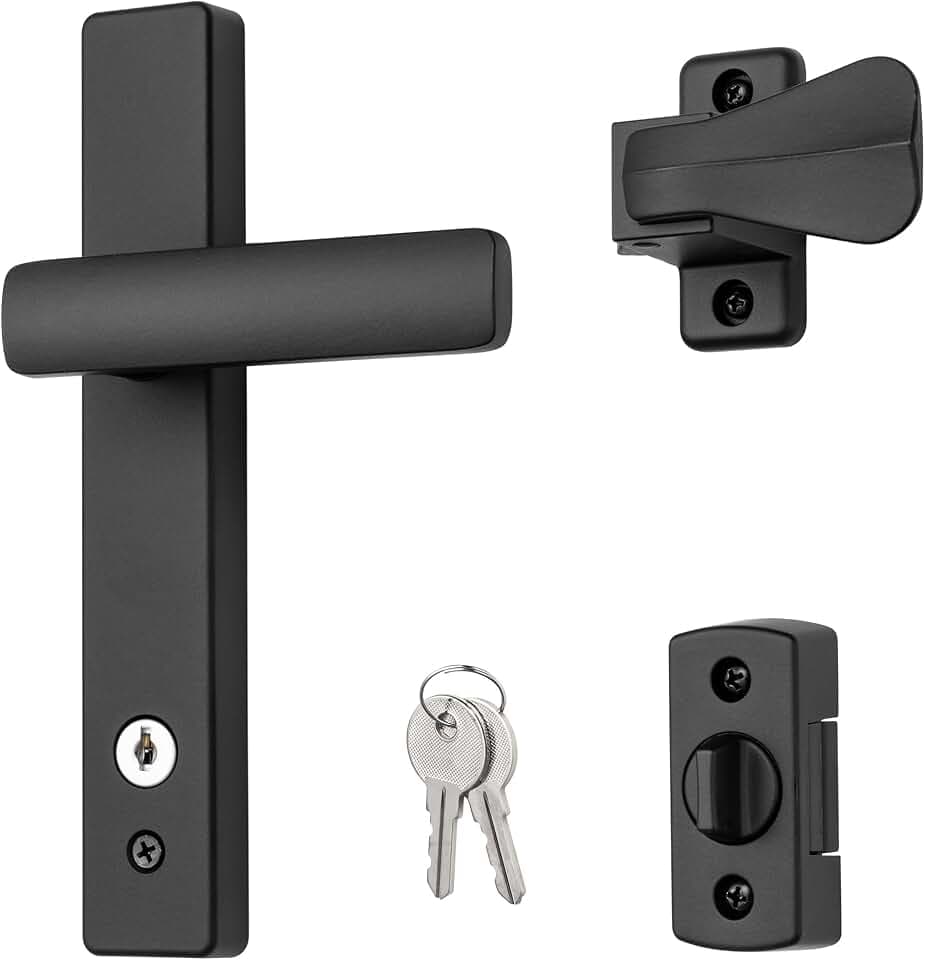Ideal Security EL Keyed Lever Mount Latch with Deadbolt, Surface Mount Storm Door Handle Replacement, 2 Posts with Tie Down Screw, Matte Black