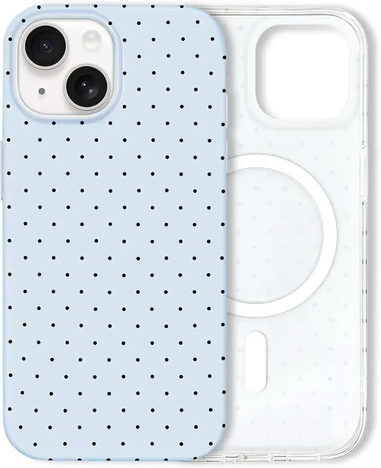 Hython for iPhone 15 Case Cute Polka Dot Aesthetic Design Simple Cover 6.1", Thin Slim Anti-Scratch Soft TPU Bumper Shockproof Rubber Protective Phone Cases for Women Girls, Magnetic Blue
